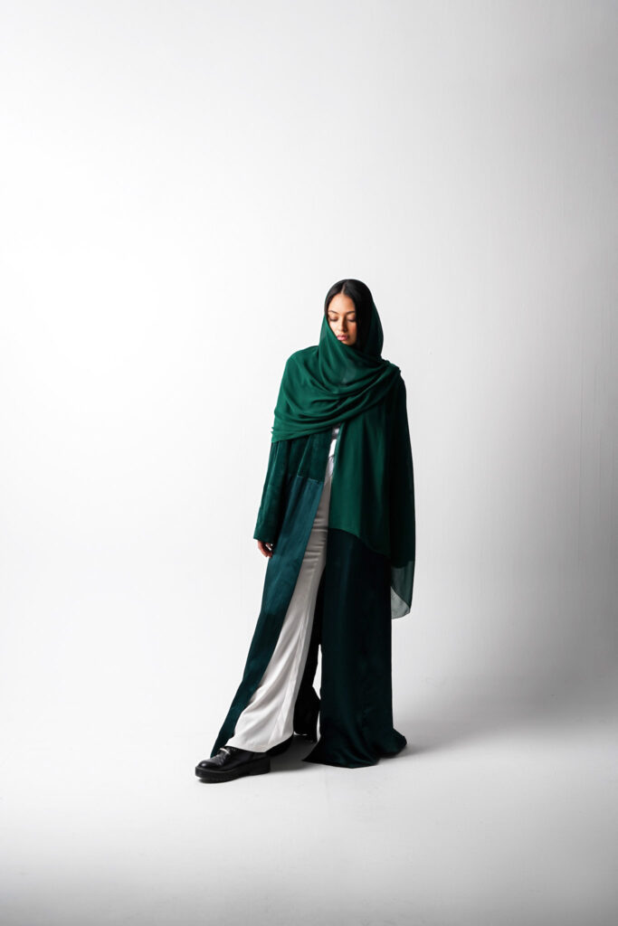 Studio Photoshoot in Dubai: Model Showcases Abaya Design.