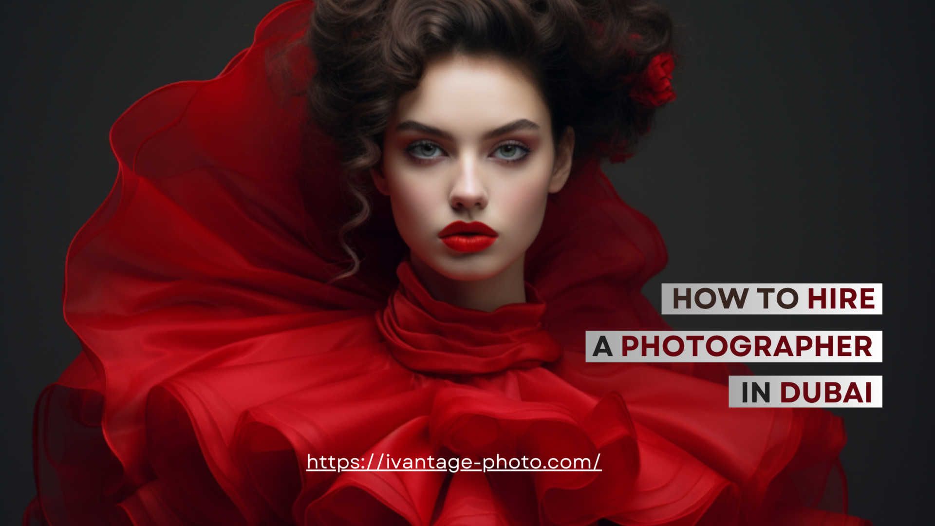 Model in red dress with burgundy lipstick, natural makeup, matte background, iVantage Photo by Ivan Cherkashin with sign how to hire photographer dubai