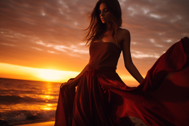 Model enjoying a serene sunset on the beach during a lifestyle photoshoot.