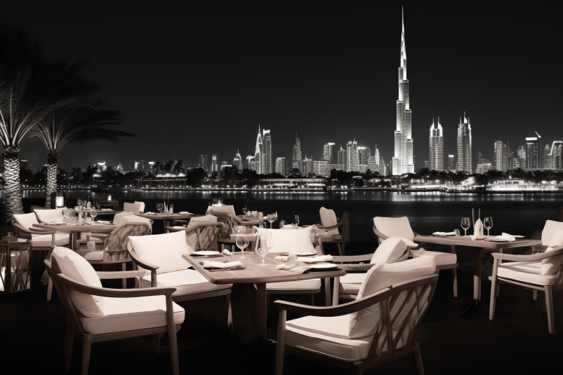 Monochromatic Dubai cityscape capturing the essence of film noir.
