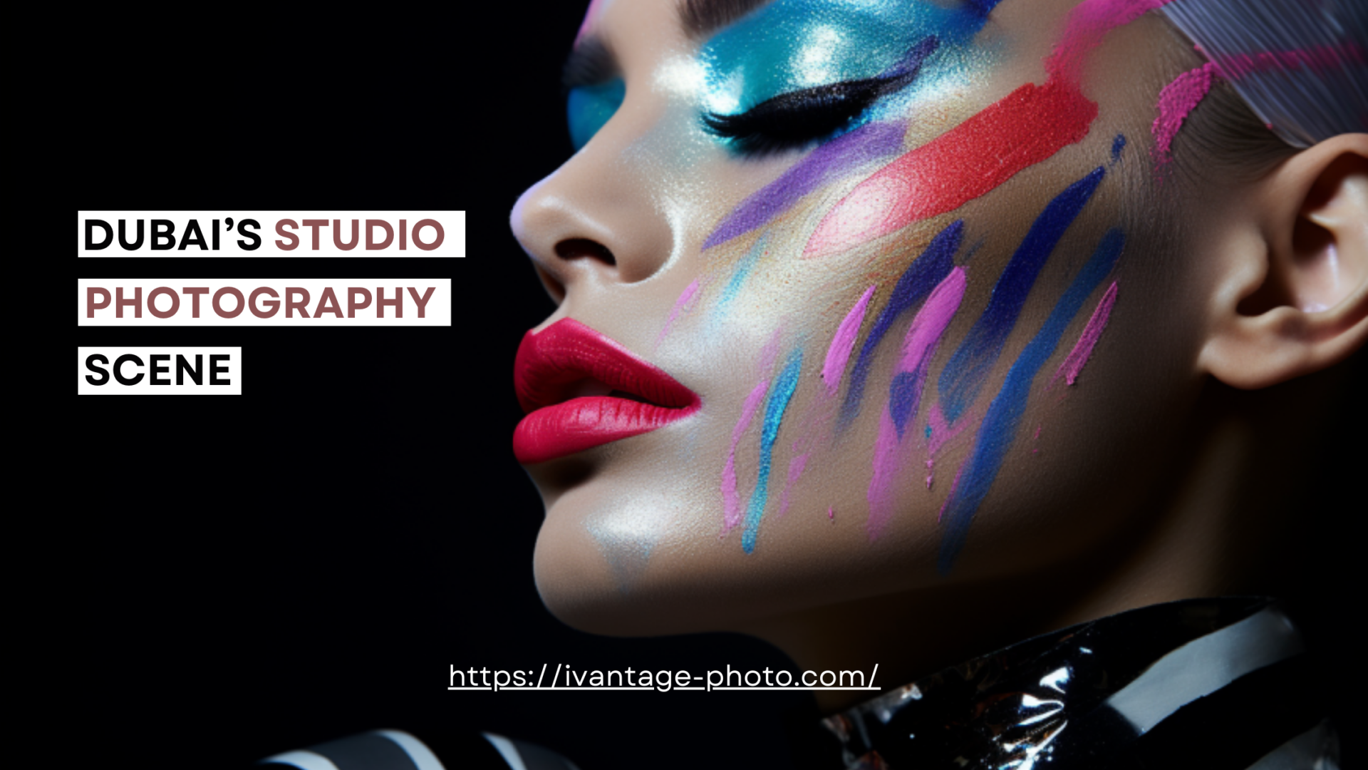 A close-up of a model, her face adorned with avant-garde makeup. The image is shot in a studio setting, with dramatic lighting that accentuates the textures and colors of her makeup and outfit. This picture exemplifies the artistry and creativity involved in editorial photography.