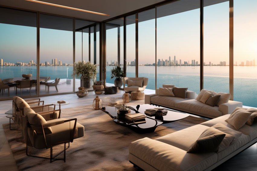 A meticulously designed living room in a Dubai luxury apartment, featuring contemporary furniture, art pieces, and an expansive view of the city.