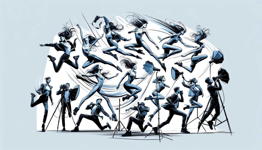 A dynamic and energetic illustration depicting various dynamic poses that inject energy into a photoshoot. The image should show models in mid-action poses such as jumping, running, or twirling, capturing the essence of movement and vitality in a visually striking style.